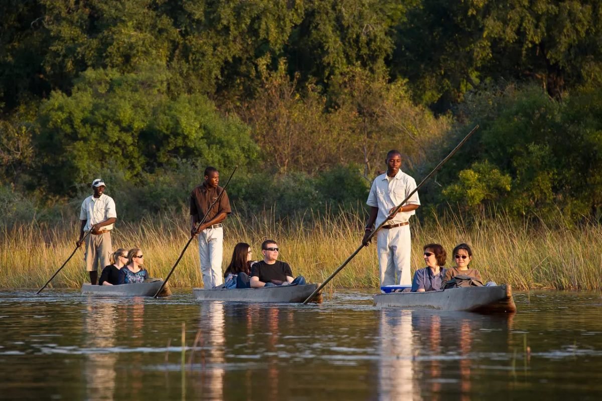 Mokoro canoe ride through the Okavango Delta wetlands, Botswana